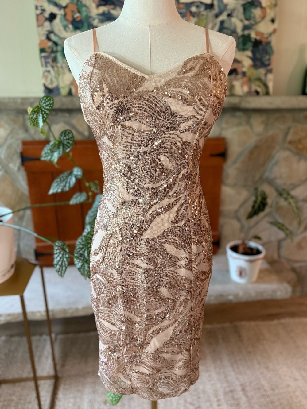 Emerald Sundae Gold Sparkly Sequin Midi Bodycon Cocktail Formal Dress Size 9